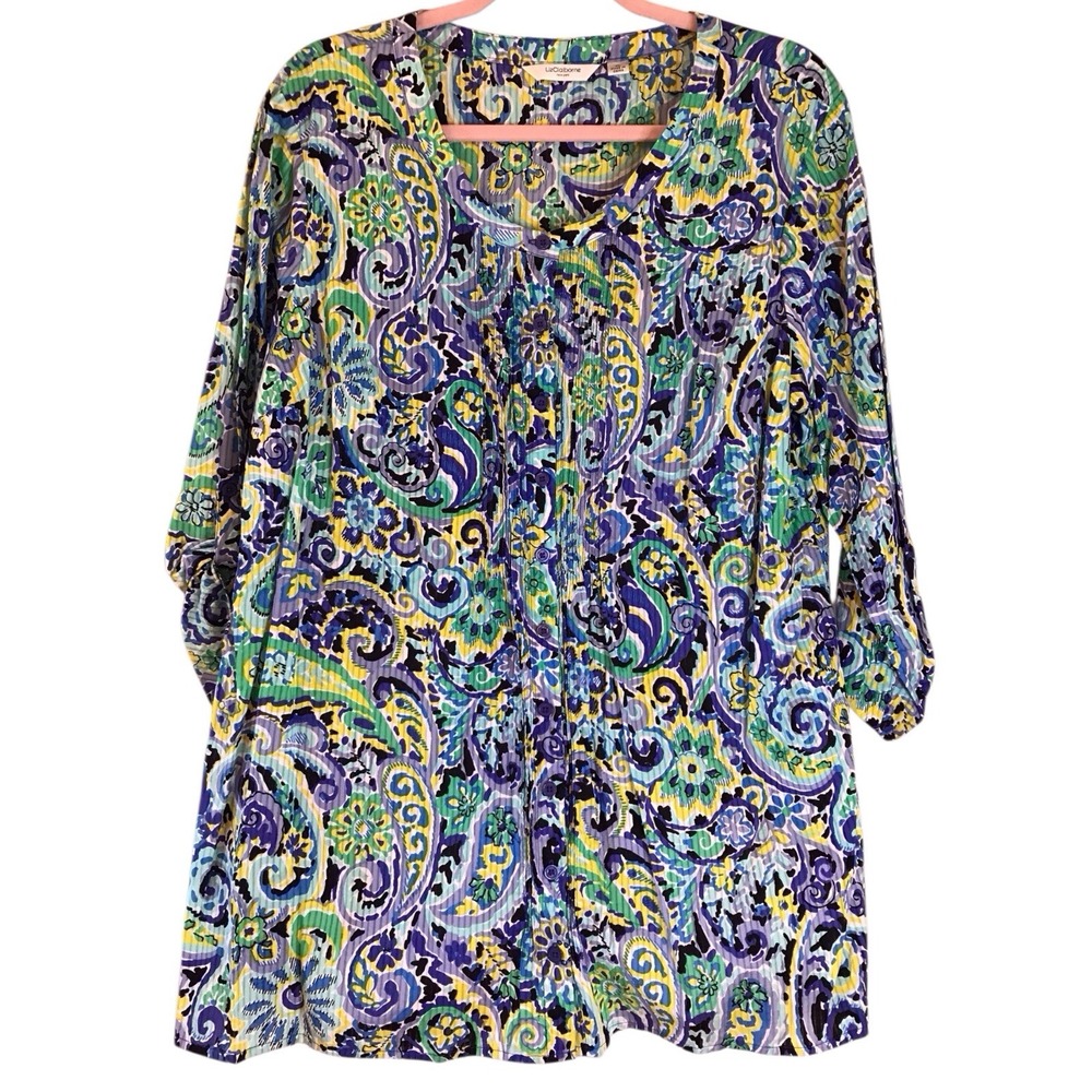 Liz Claiborne Shirt Blouse Womens XL Extra Large Green Paisley Button Up Work‎